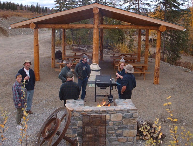 An RV group enjoys a barbecue at Chicken, Alaska