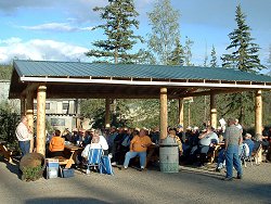 An RV group at the pavilion at the Chicken Gold Camp - Chicken, Alaska